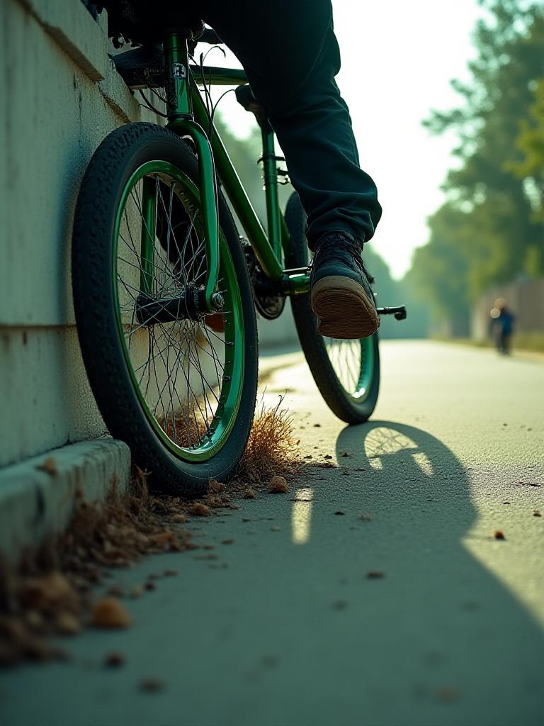 Koło BMX lądujące po skoku, motion blur
