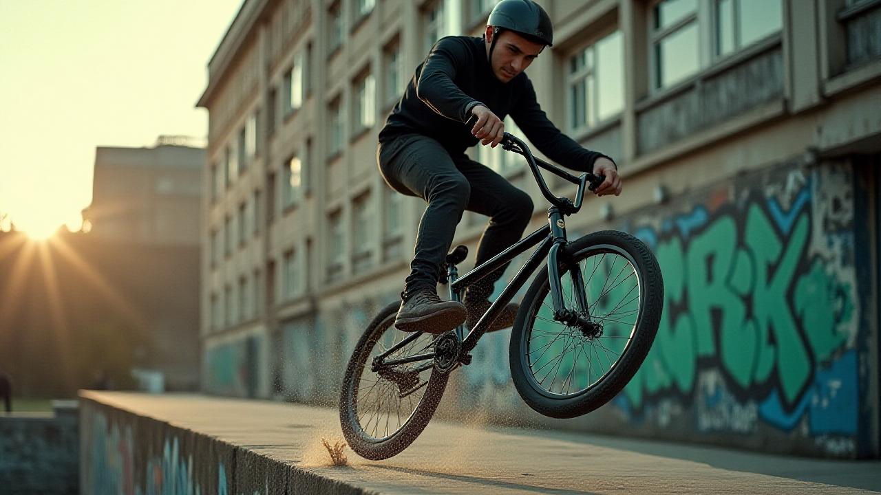 BMX rider wykonujący grind na betonowym murku w Warszawie