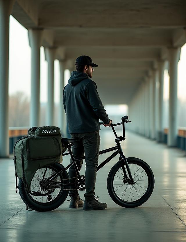 Rider BMX przygotowujący się do podróży na dworcu